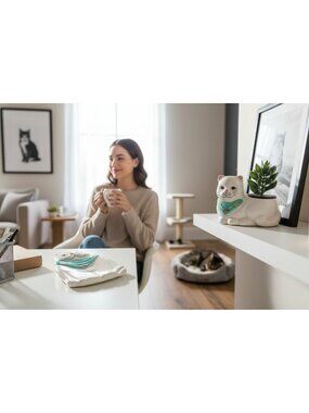 Ceramic White Cat-Shaped Spoon Rest With Fish Design 7.5 Inches Long Fun Kitchen